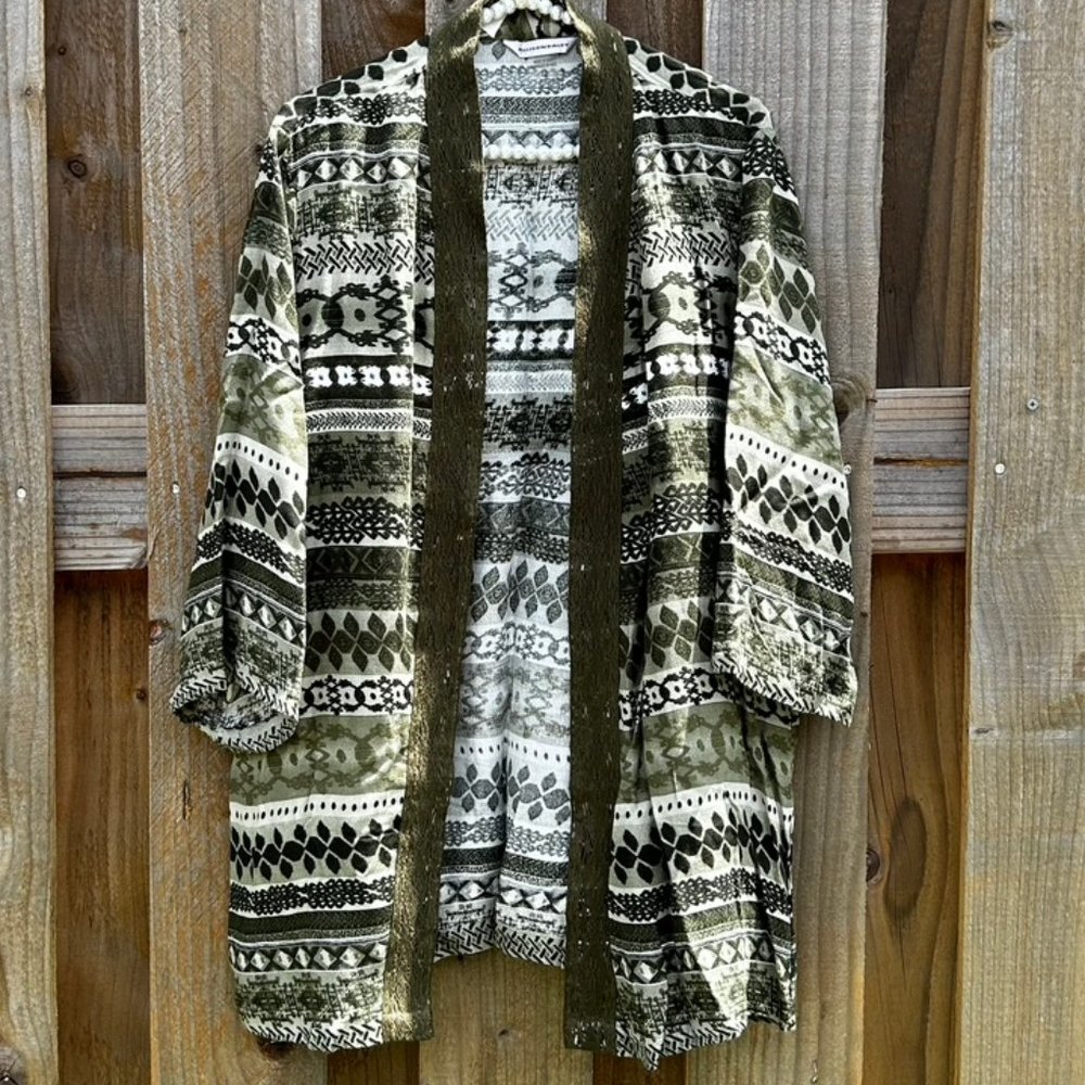 Allison Daley Open Front Lace-Trimmed Cardigan - Olive Green Pattern Size 12 EUC